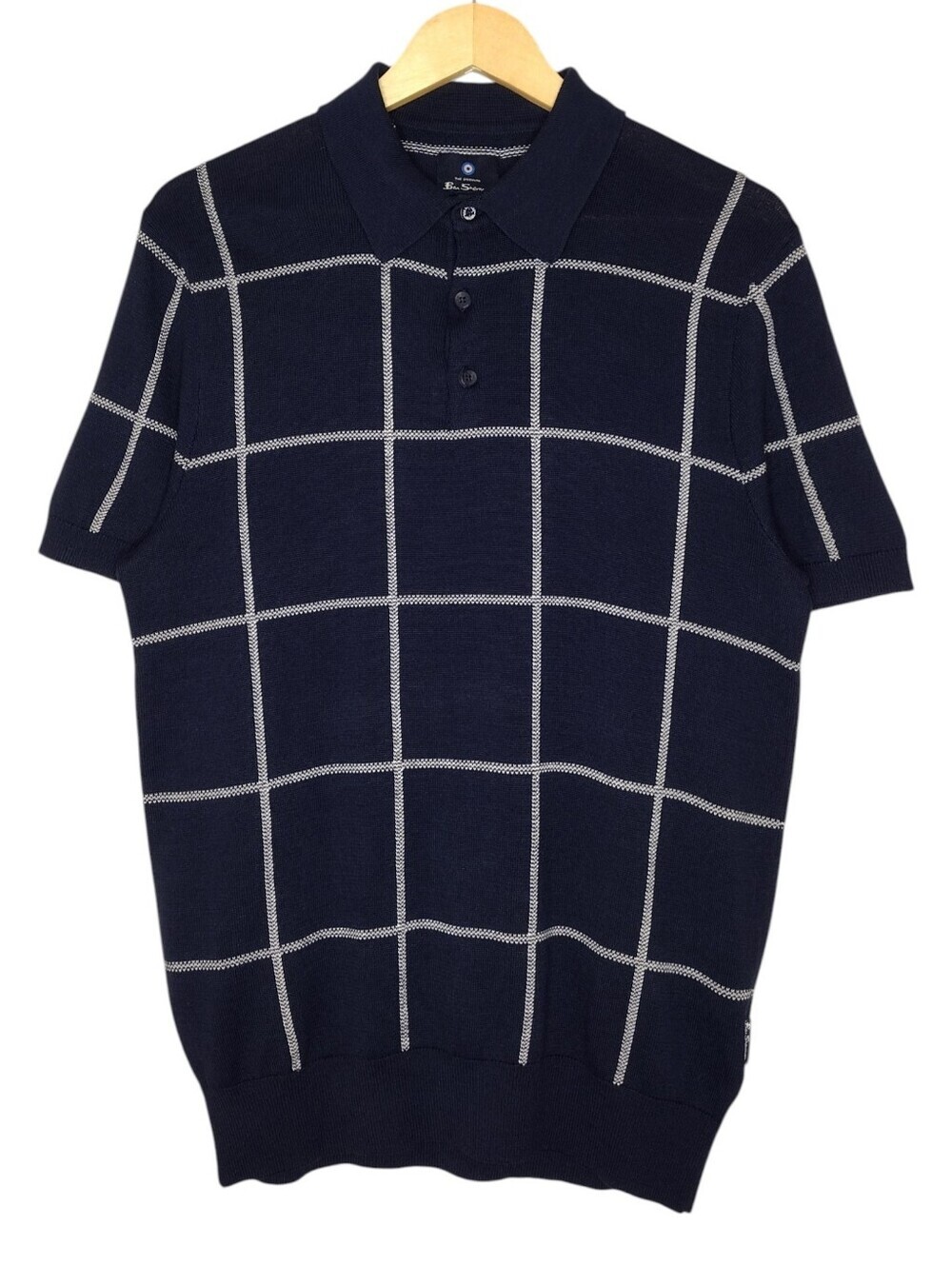 NWT Ben Sherman Navy White Windowpane Polo Short Sleeve Sweater Sz M